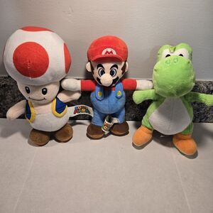 Super Mario Plush Lot 3 Yoshi Mario Toad Nintendo Stuffed Animal Toy 8"